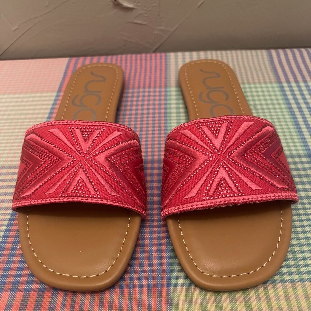 NWT Women's Sugar Slide Sandals - Pink Embroidered Strap - Size 6.5